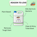 Infographic showing key benefits of GleamSure Toilet Cleaner: plant-based, germ removal, shiny toilet bowl.
