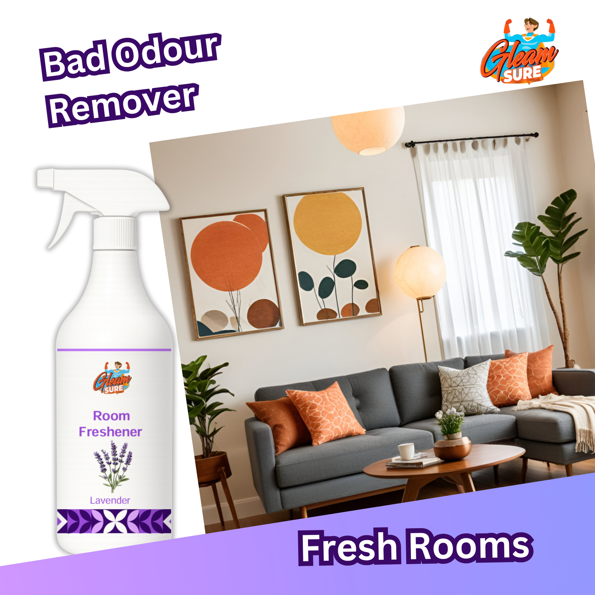 Lavender Room Freshener featured in a cozy, well-lit living room, with label ‘Bad Odour Remover – Fresh Rooms