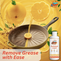 Lemon-powered formula breaking down grease on pan – visibly effective dish wash that removes tough oil with ease