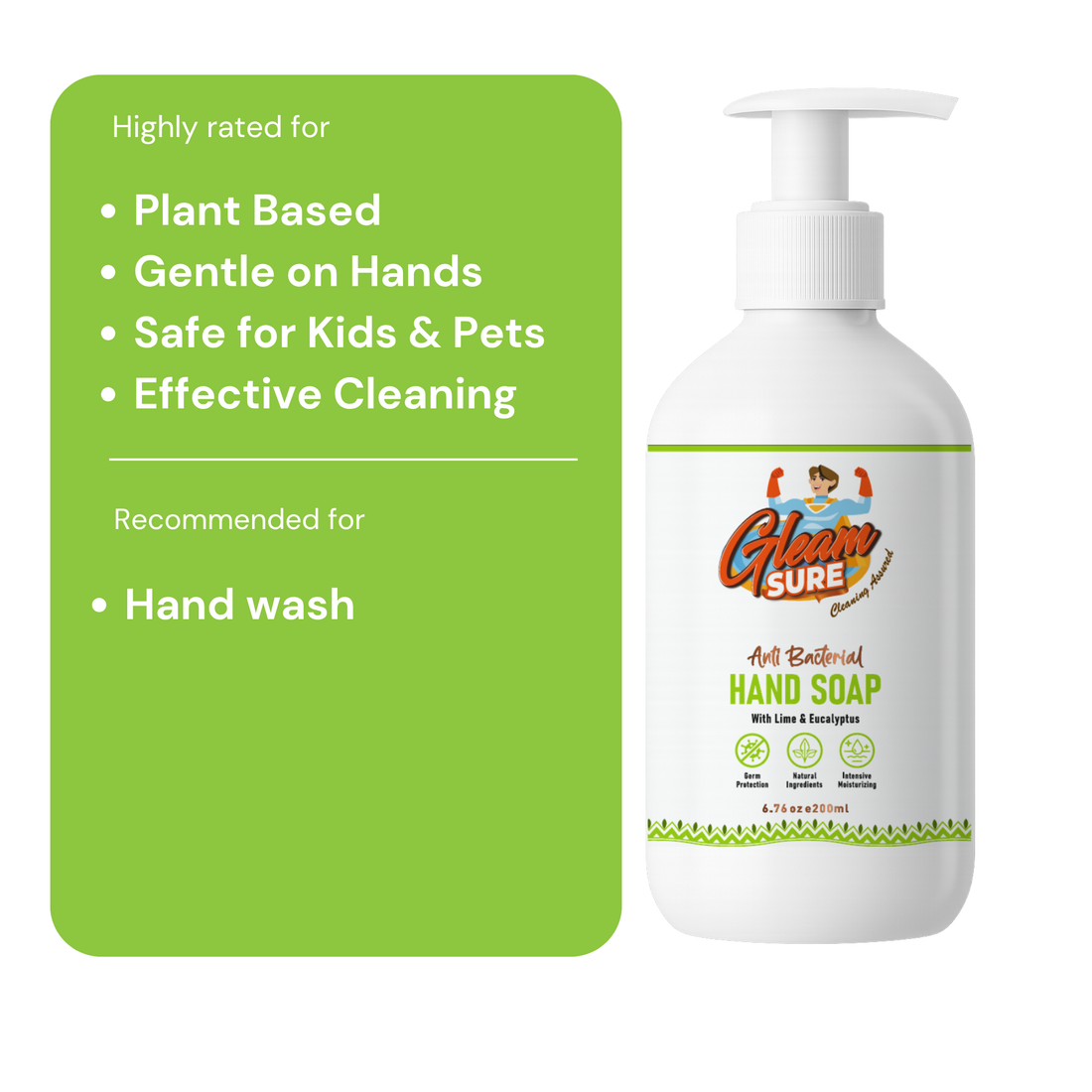 200ml Gleamsure Lime & Eucalyptus Handwash bottle placed on a bathroom counter with sketch-style sink background