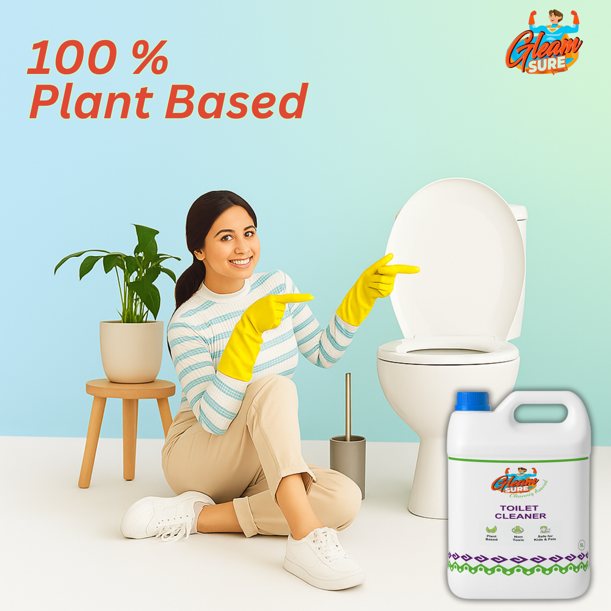 Mom near toilet, using plant-based GleamSure Toilet Cleaner for safe cleaning.
