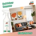Morning Breeze Room Freshener featured in a bright, airy living room, with label ‘Bad Odour Remover – Fresh Rooms