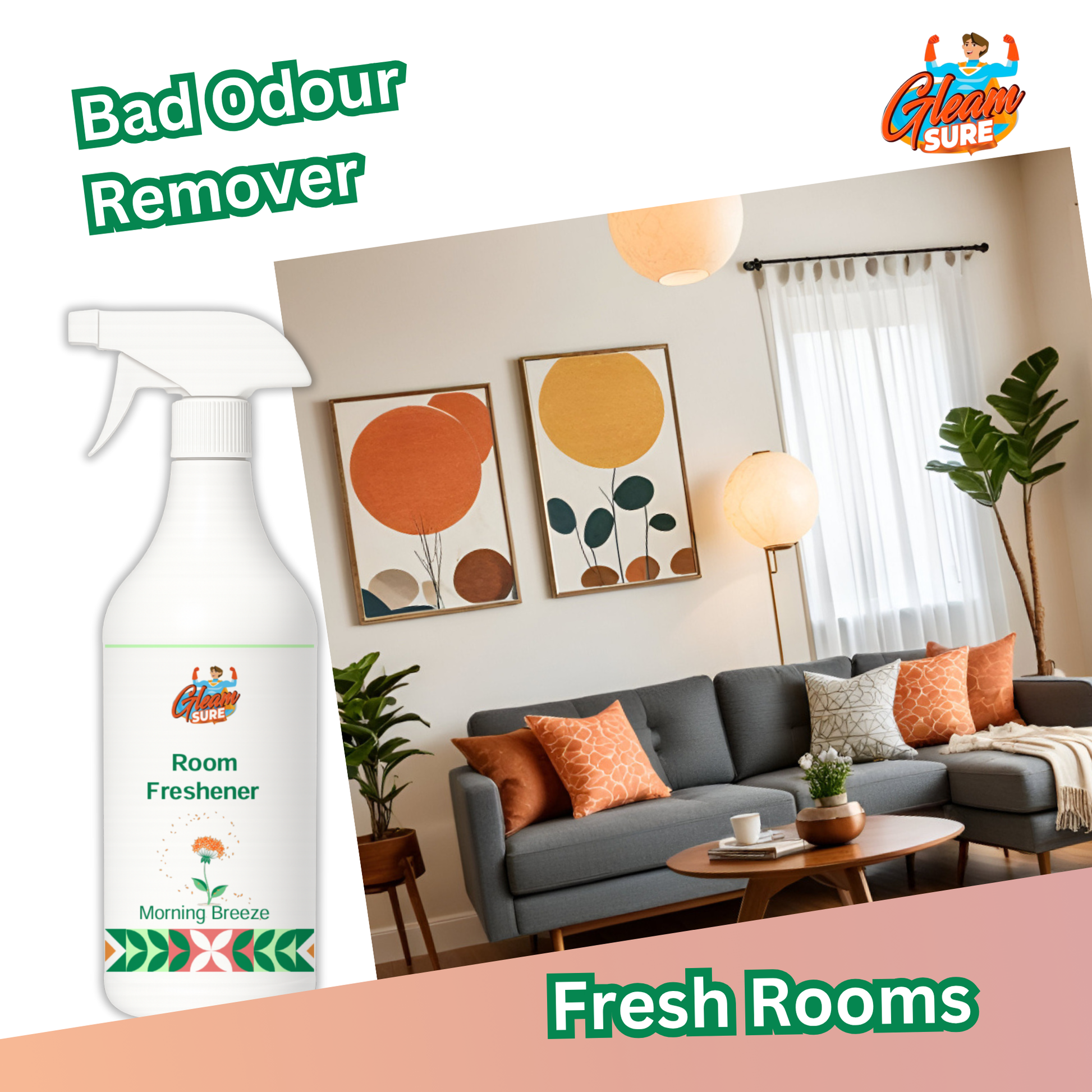 Morning Breeze Room Freshener featured in a bright, airy living room, with label ‘Bad Odour Remover – Fresh Rooms