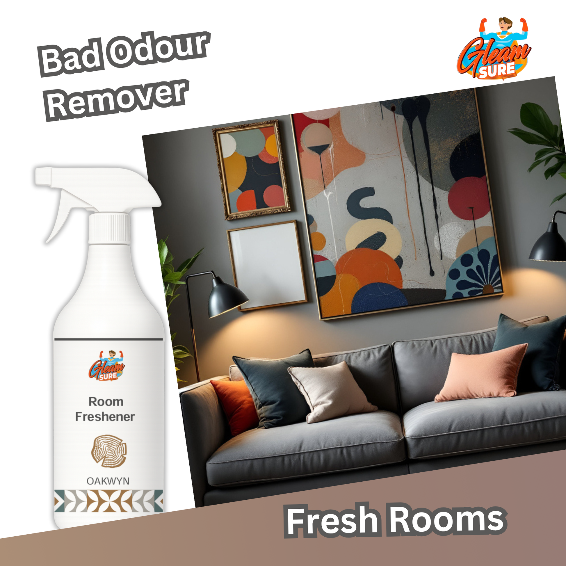 Oakwyn Room Freshener featured in a cozy, well-lit living room, with label ‘Bad Odour Remover – Fresh Rooms’.