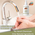 Person washing hands under a faucet using Gleamsure Peppermint Handwash with label '99.9% Kills Germs & Bacteria – No Harsh Chemicals