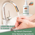 Person washing hands with Gleamsure Aloe Vera & Coconut Handwash under a running tap with text '99.9% Kills Germs & Bacteria – No Harsh Chemicals