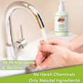 Person washing hands with Gleamsure Lime & Eucalyptus Handwash under a running tap with text 99.9% Kills Germs & Bacteria – No Harsh Chemicals