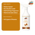 Room freshener bottle with a benefits card listing: water-based, alcohol-free, refreshing fragrance, and effective on bad odour. Recommended for all types of rooms.