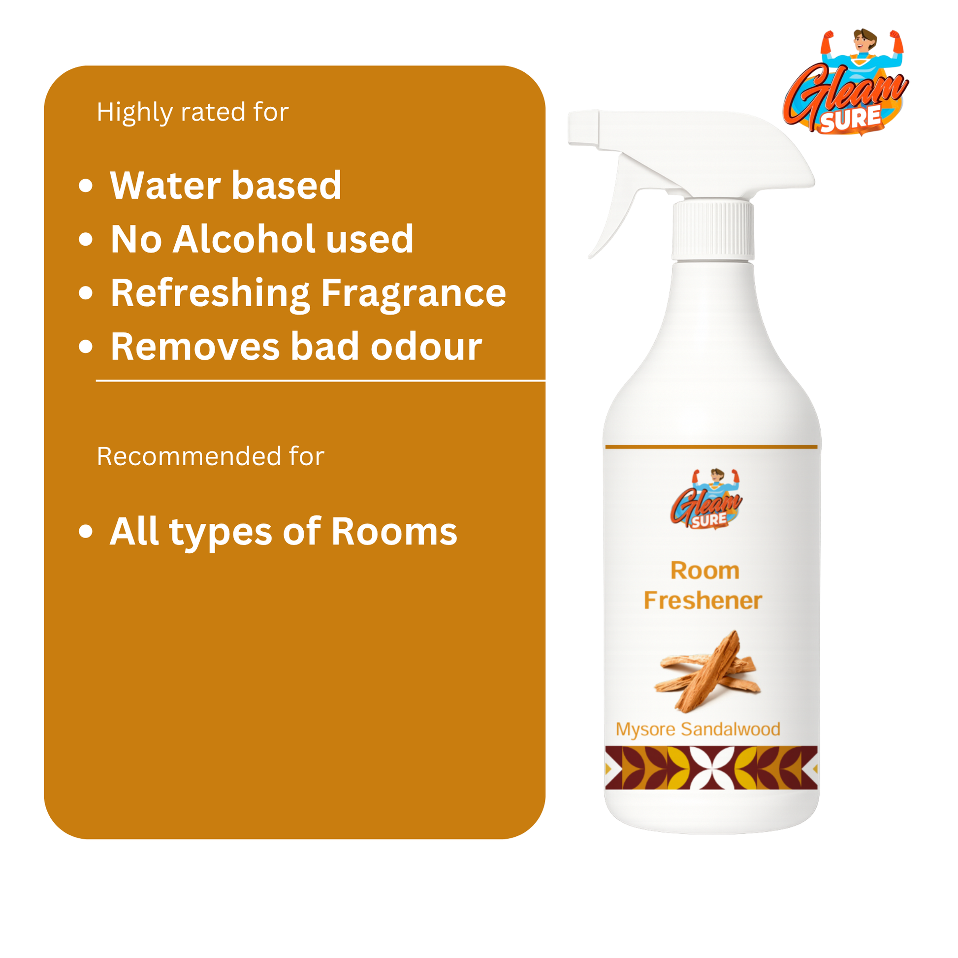 Room freshener bottle with a benefits card listing: water-based, alcohol-free, refreshing fragrance, and effective on bad odour. Recommended for all types of rooms.