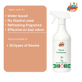 Room freshener bottle with a benefits card listing: water-based, alcohol-free, refreshing fragrance, and effective on bad odour. Recommended for all types of rooms.