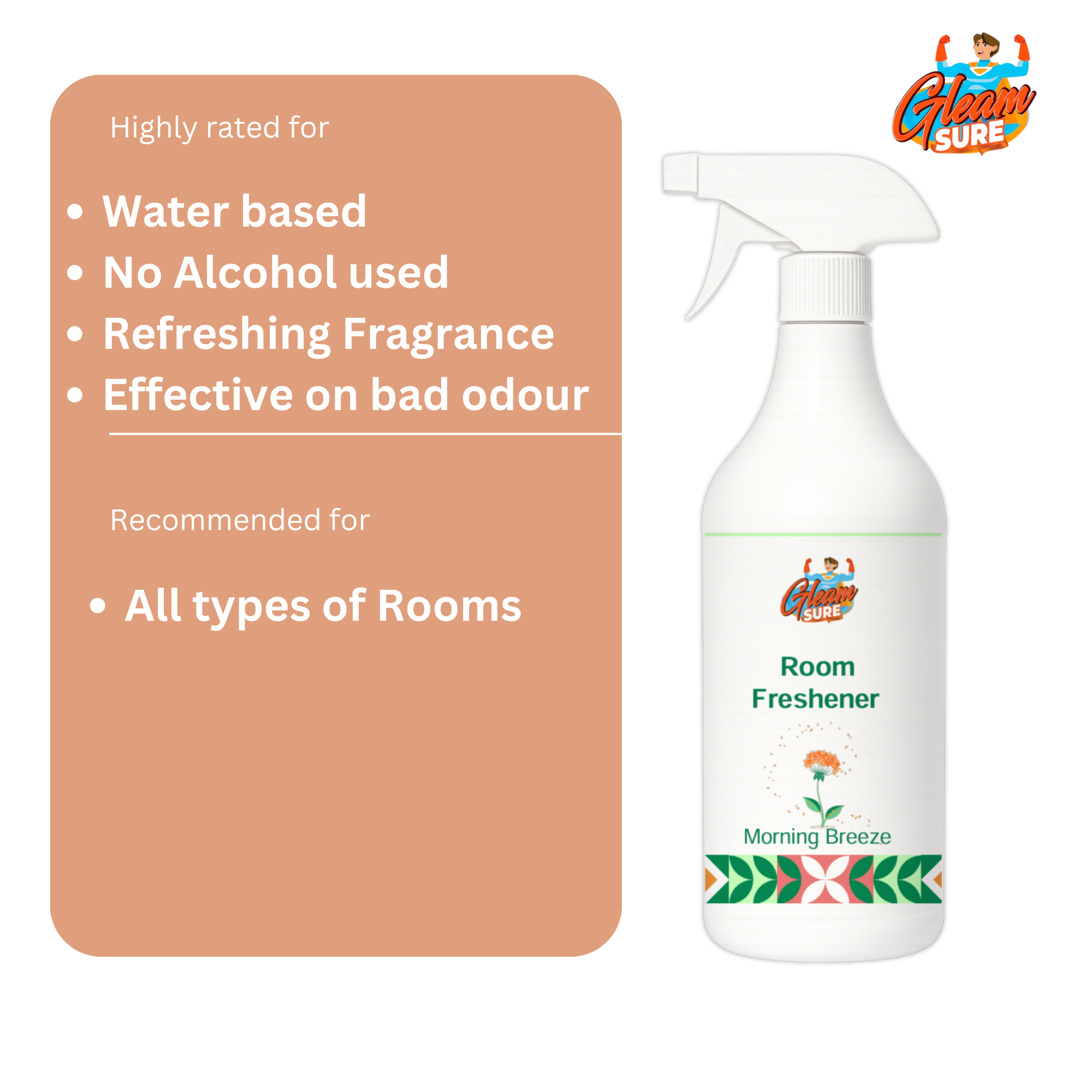 Room freshener bottle with a benefits card listing: water-based, alcohol-free, refreshing fragrance, and effective on bad odour. Recommended for all types of rooms.