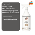 Room freshener bottle with a benefits card listing: water-based, alcohol-free, refreshing fragrance, and effective on bad odour. Recommended for all types of rooms.
