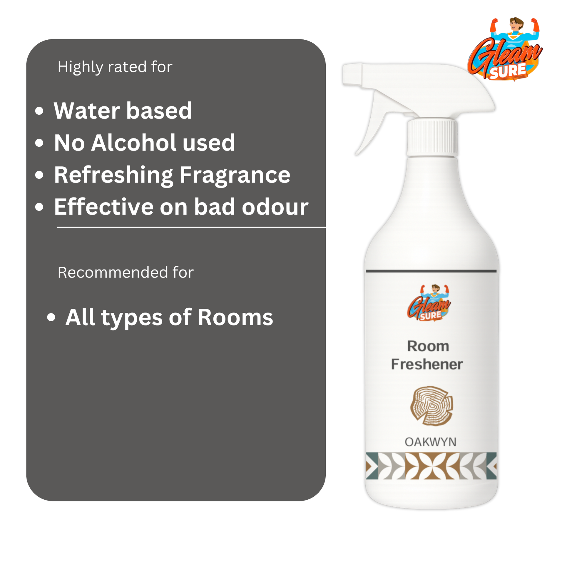 Room freshener bottle with a benefits card listing: water-based, alcohol-free, refreshing fragrance, and effective on bad odour. Recommended for all types of rooms.