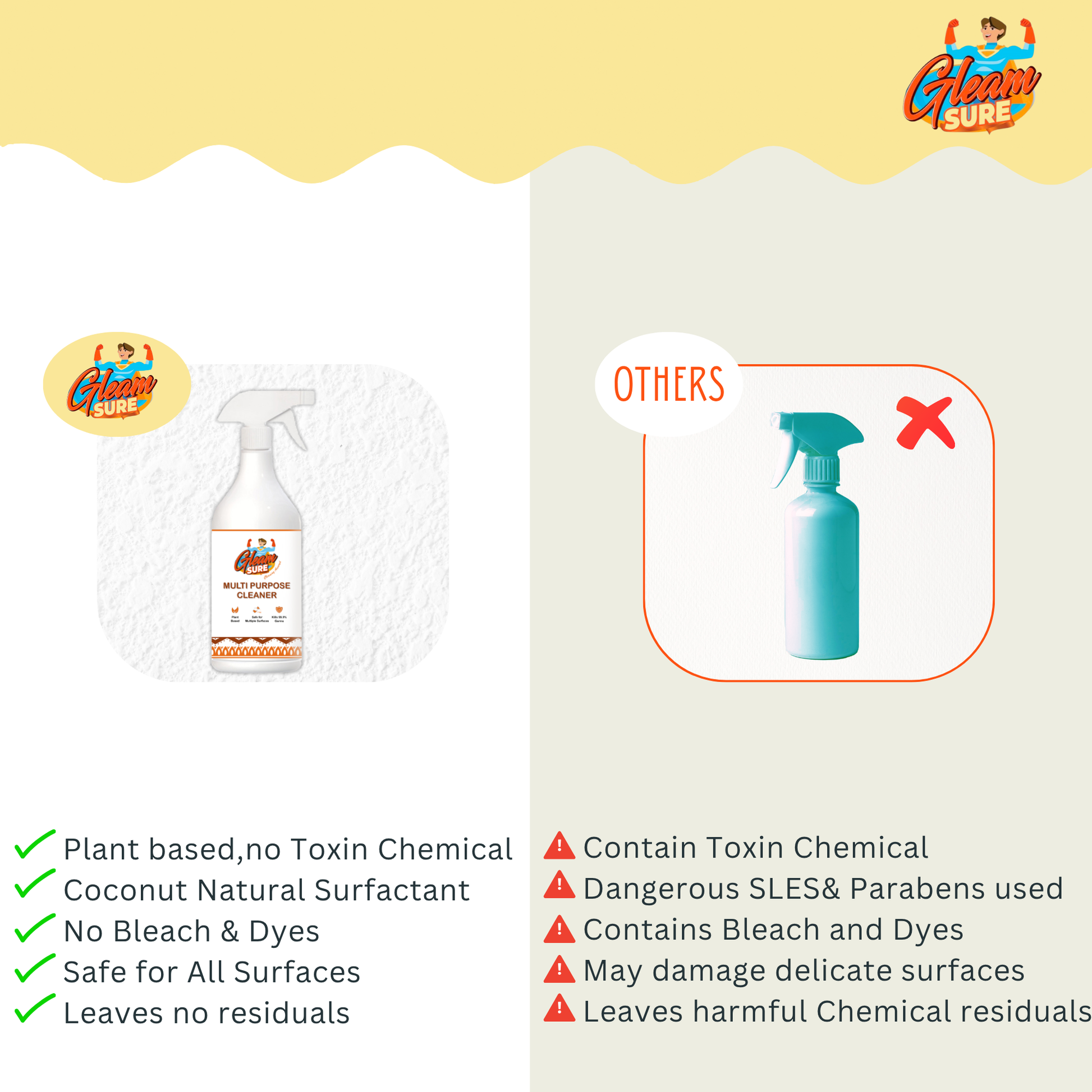 Side-by-side_comparison_of_Gleamsure_Multipurpose_Cleaner_vs_regular_cleaners_with_5_distinct_benefits_listed