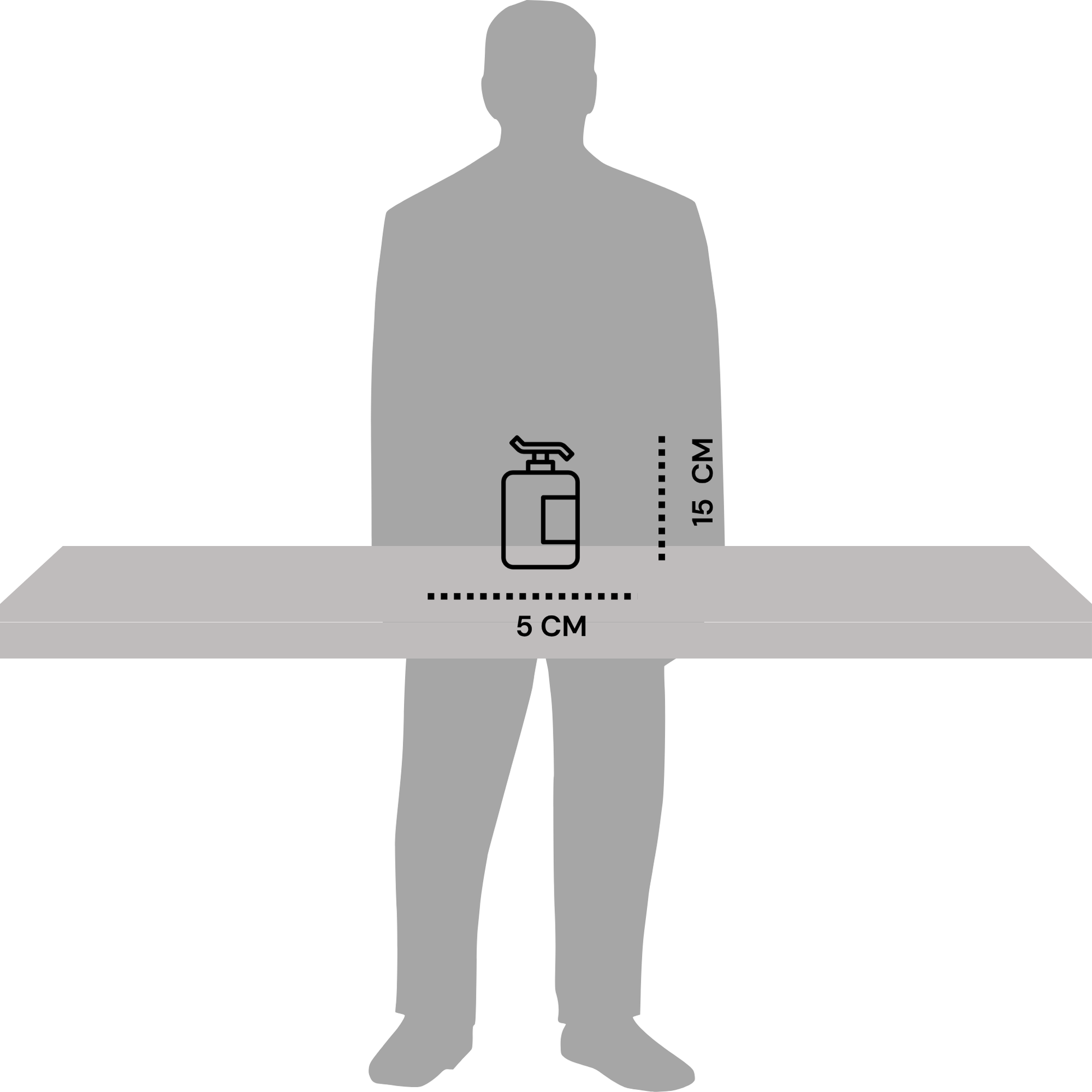 Size chart displaying 200ml Gleamsure Peppermint Handwash bottle beside human silhouette – bottle height shown as 15 cm
