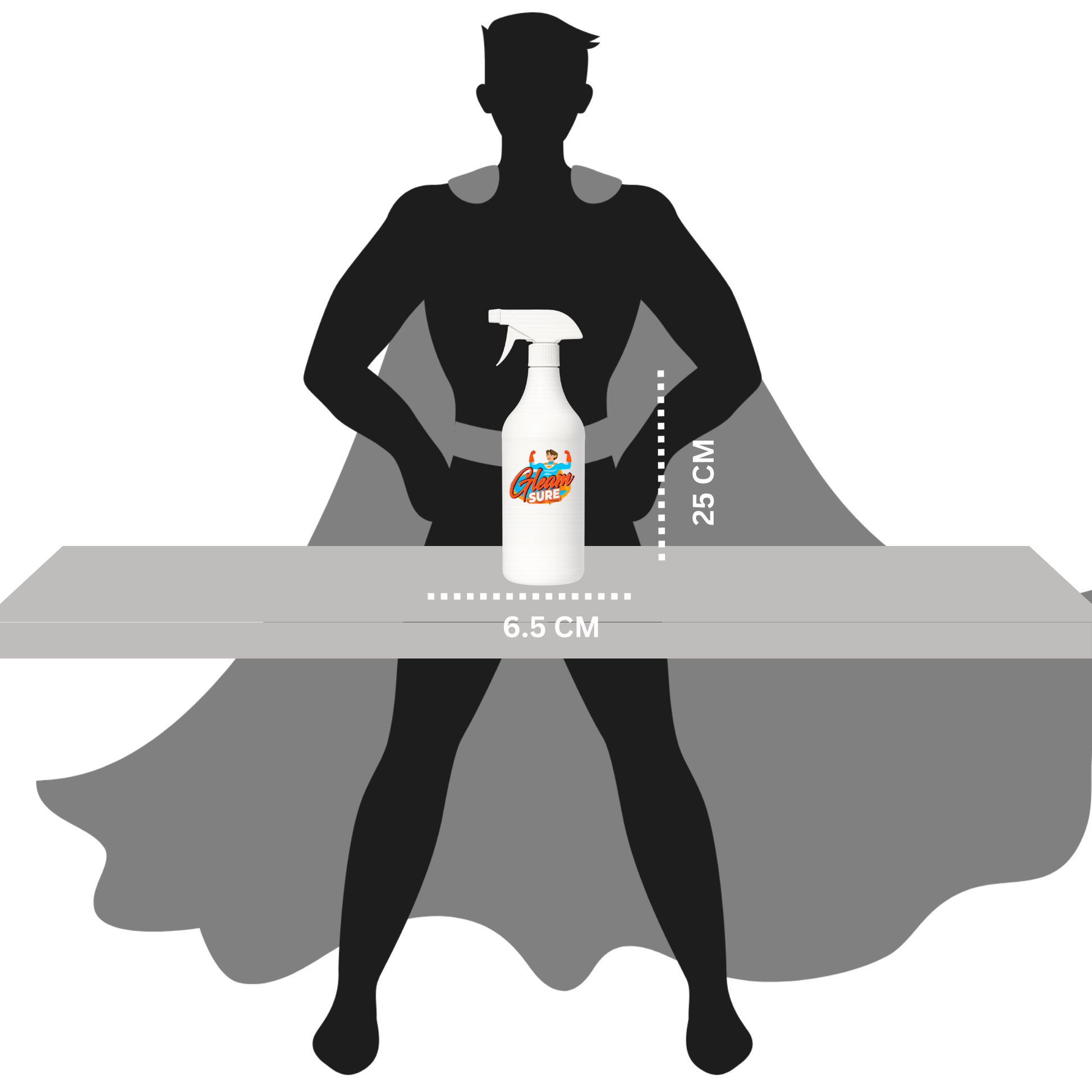 Size guide showing Gleamsure room freshener bottle dimensions: 26 cm height and 6.5 cm width, placed in front of human silhouette for scale