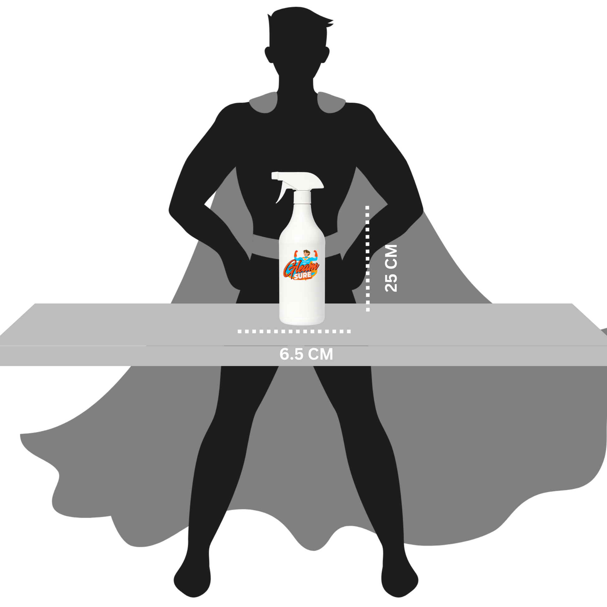 Size guide showing Gleamsure room freshener bottle dimensions: 26 cm height and 6.5 cm width, placed in front of human silhouette for scale