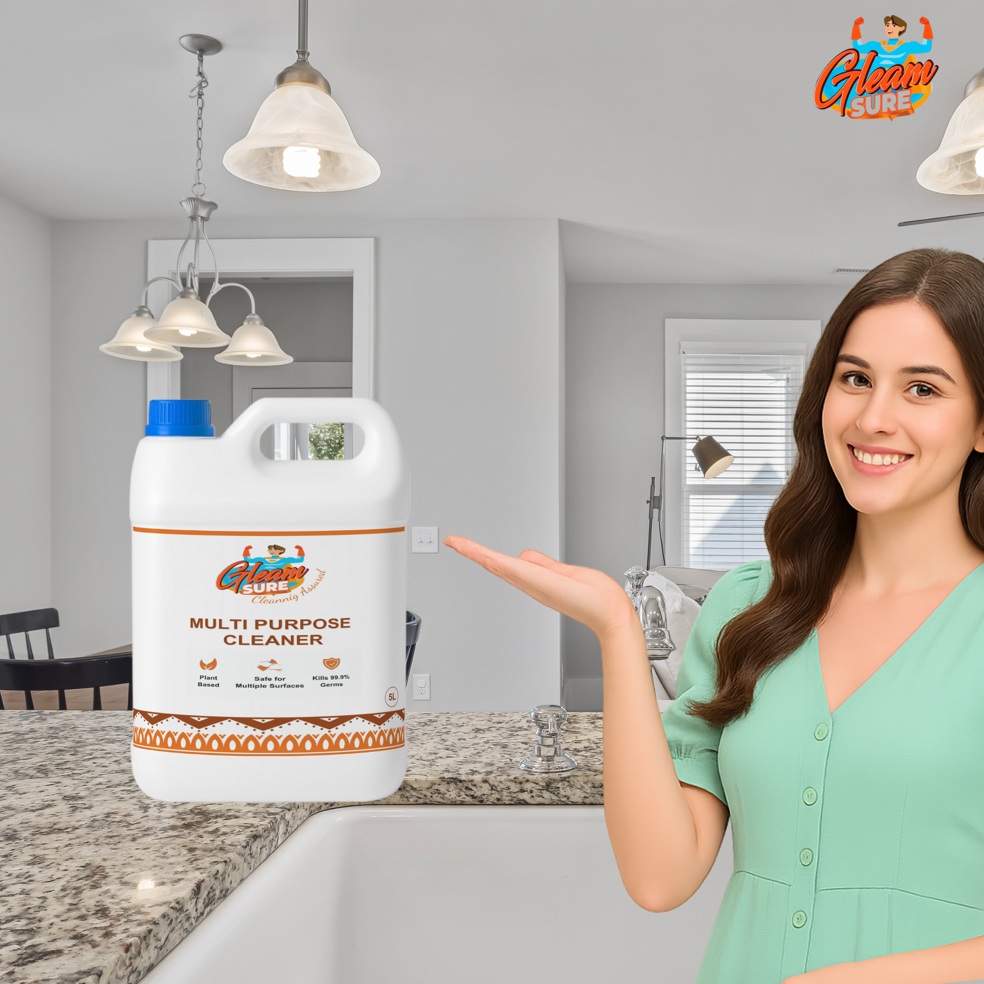 Smiling woman pointing at GleamSure cleaner in a modern kitchen setup, highlighting home use