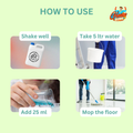 Step-by-step usage guide: shake well, mix 25ml in 5L water, mop the floor.
