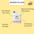 Text image: 'REASONS TO LOVE' with key points—plant-based, non-toxic, pet-safe, no residue—next to the product image