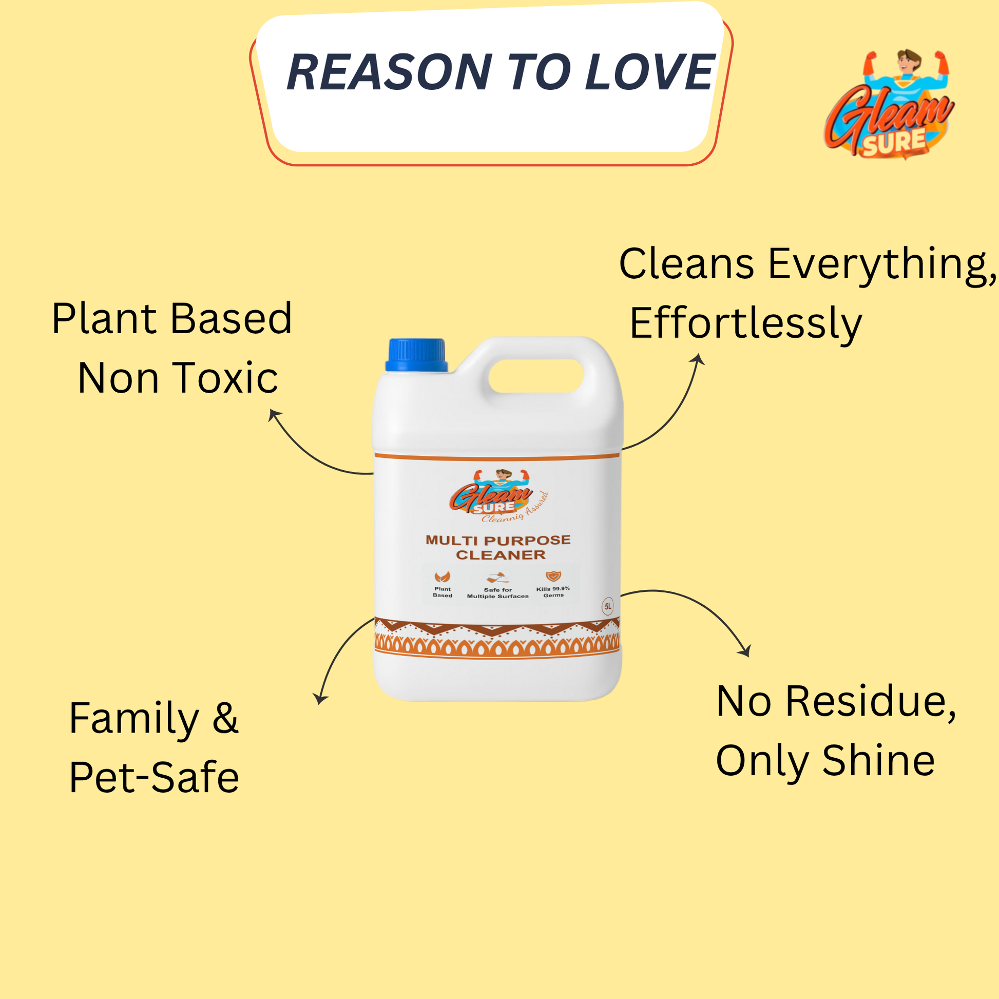 Text image: 'REASONS TO LOVE' with key points—plant-based, non-toxic, pet-safe, no residue—next to the product image