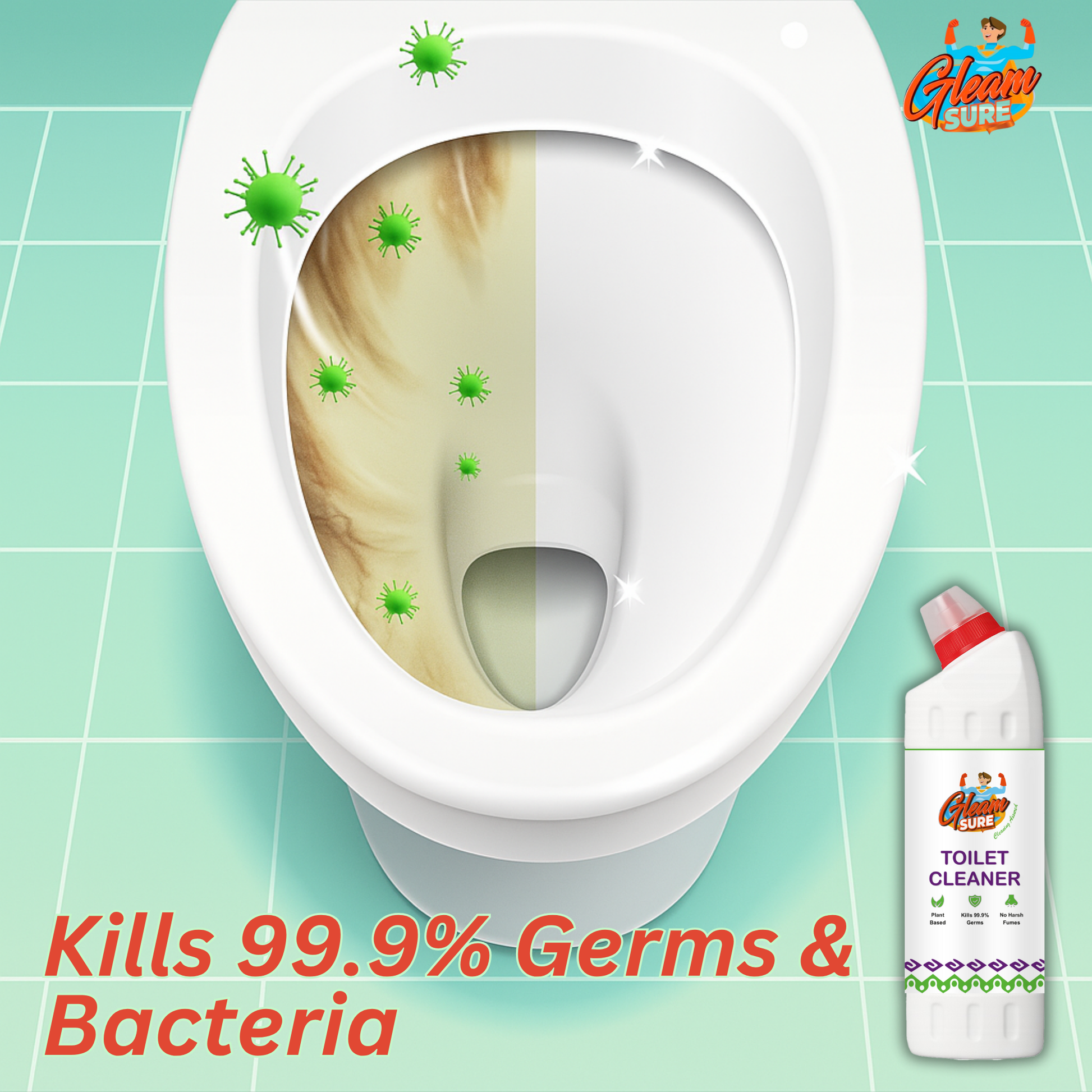 Toilet before and after using plant-based cleaner – visibly removes germs, bacteria, and stains for a sparkling, hygienic toilet