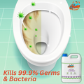 Toilet bowl being cleaned with GleamSure Toilet Cleaner—text highlights 99.9% germ and bacteria removal.