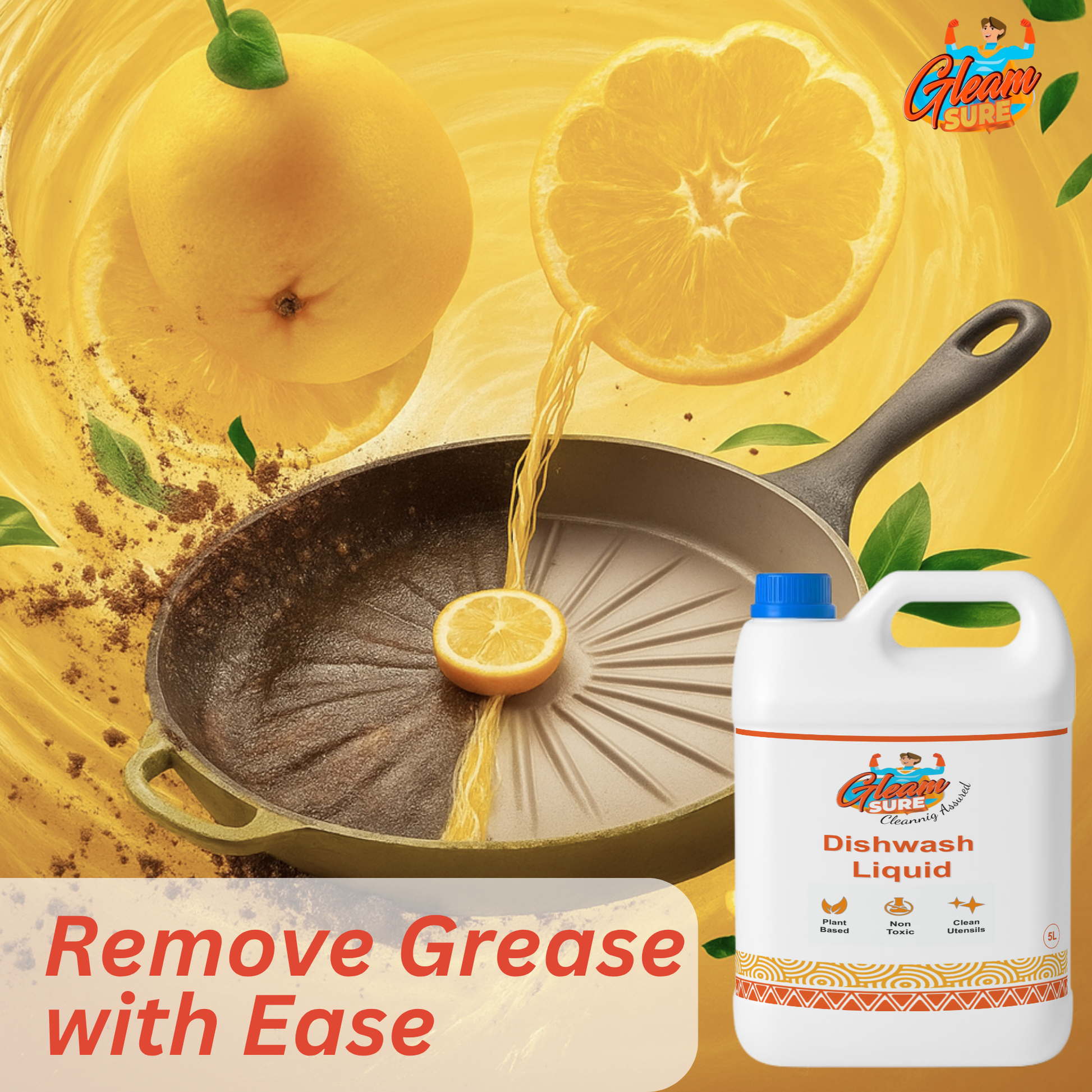 Utensils and spoon with greasy residue, GleamSure bottle in background and text 'Remove Grease with Ease'.
