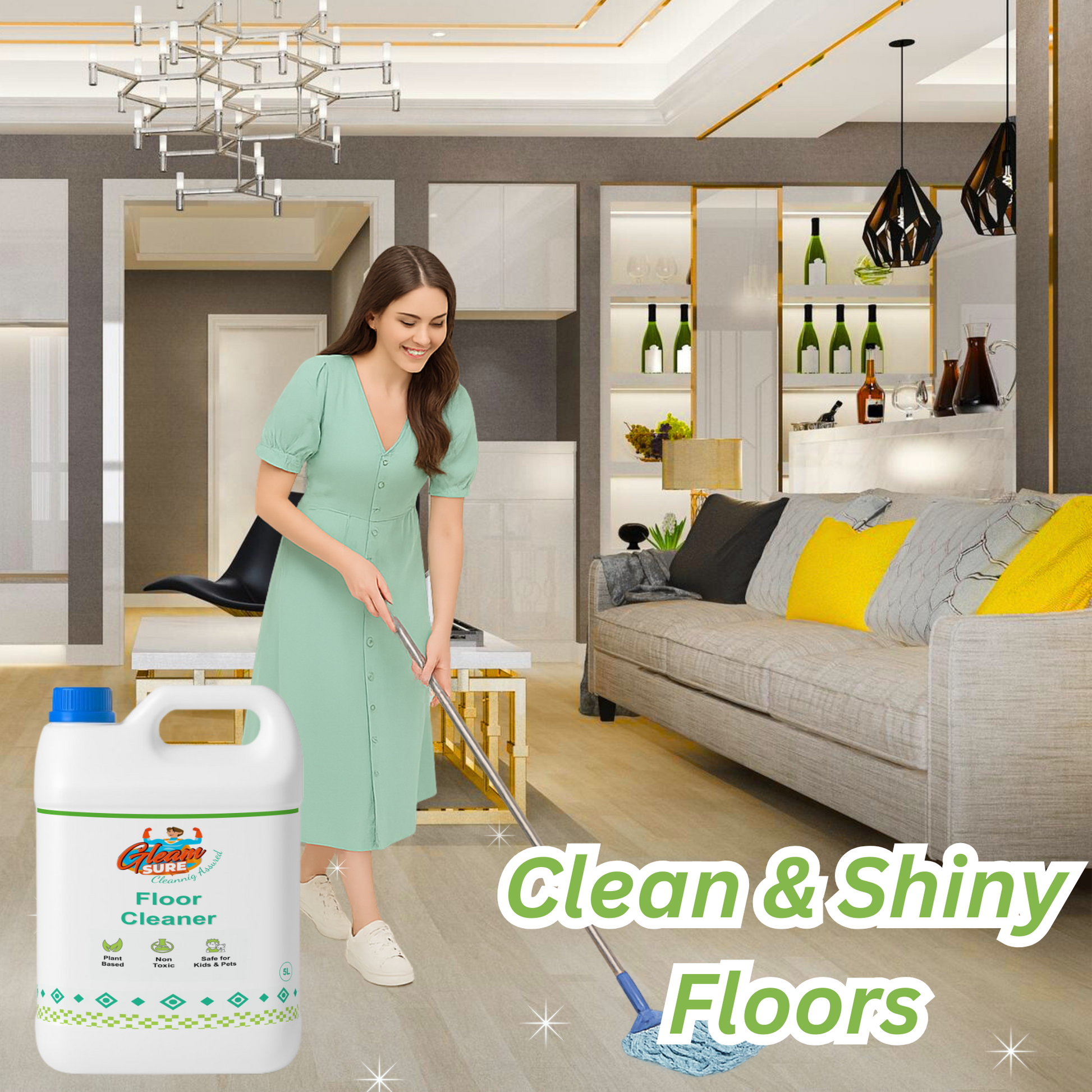 Woman mopping shiny living room floor with GleamSure Floor Cleaner bottle placed nearby.
