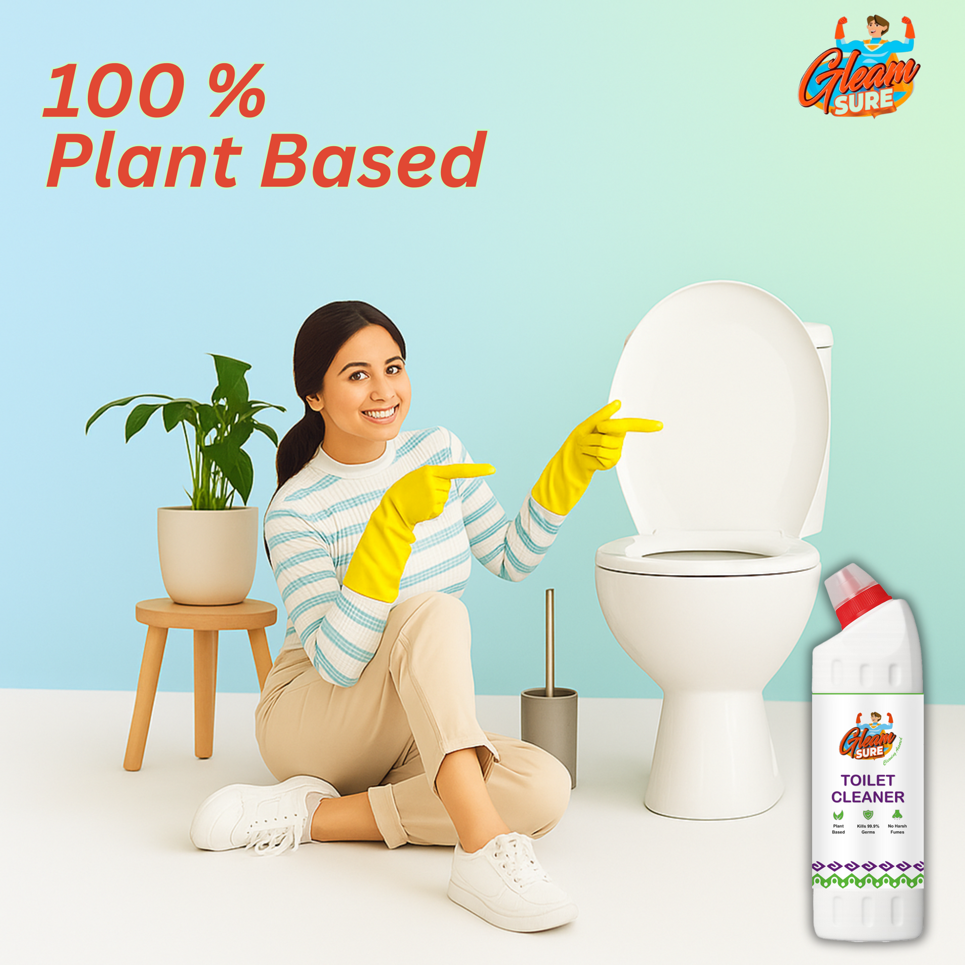 Young woman beside clean toilet and houseplant – 100% plant-based toilet cleaner that’s gentle, natural, and safe for your home